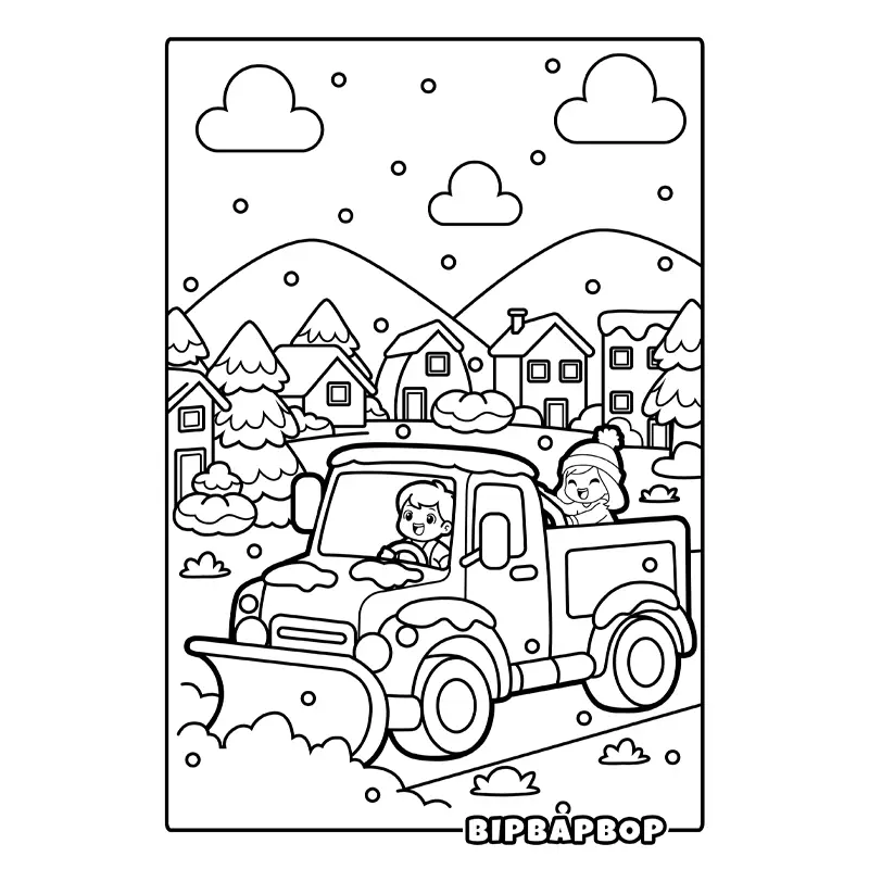 kids driving a snow plough through a wintery village