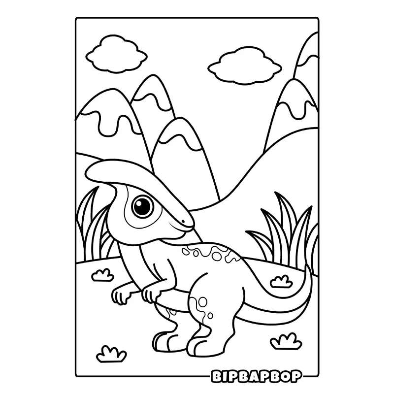 a parasaurolophus walking past snowy mountains