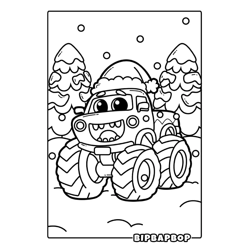 a smiling monster truck with a father christmas hat driving in a snowy landscape