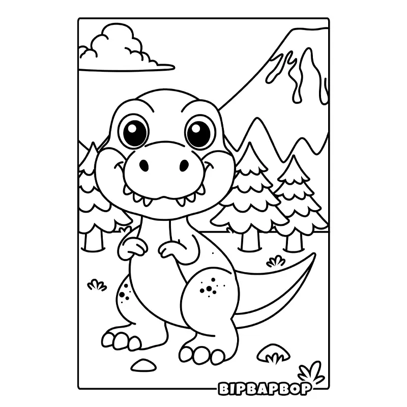 a baby trex in front of an erupting volcano