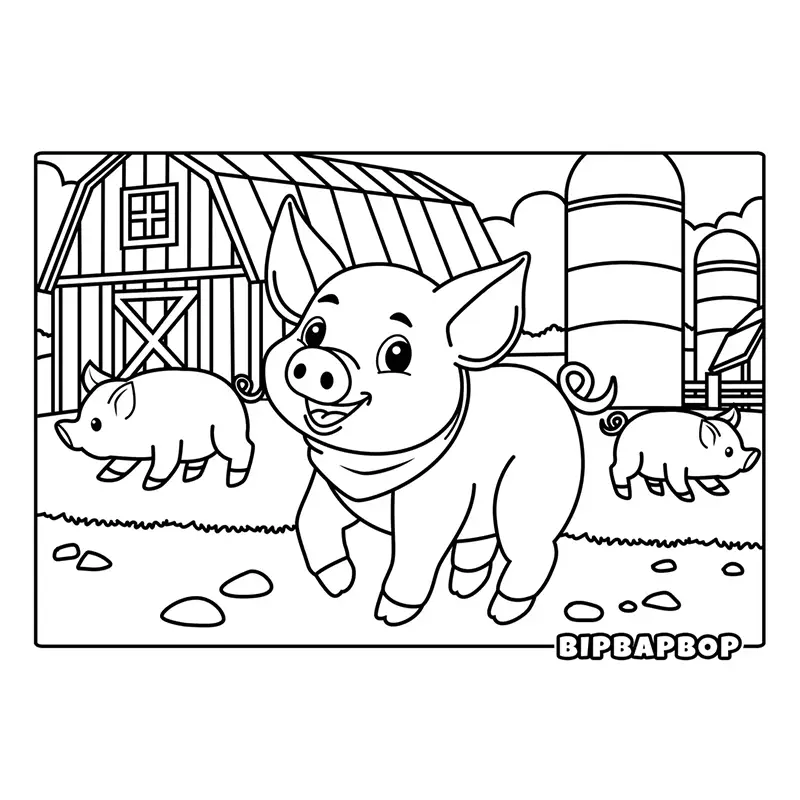 a pig with a bandana round its neck walking in front of farm buildings