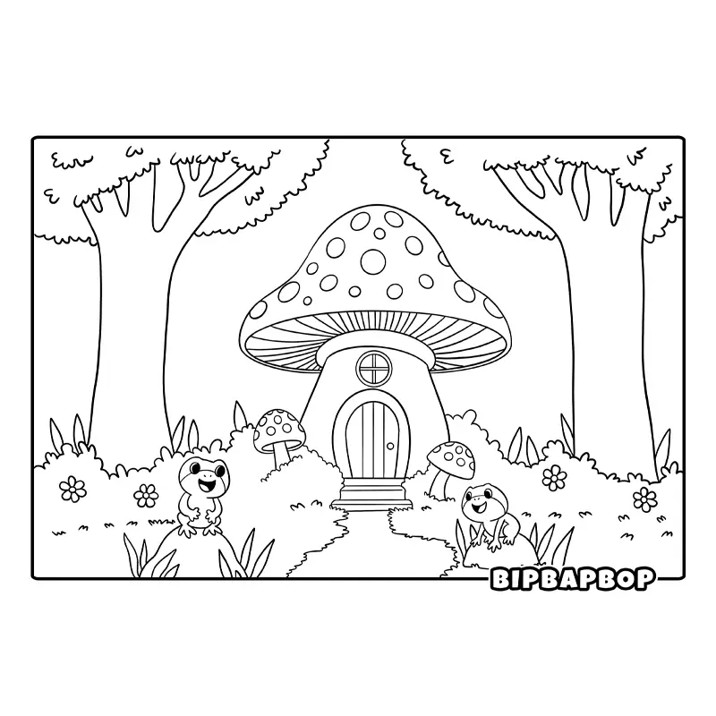 a mushroom house in the forest with frogs outside