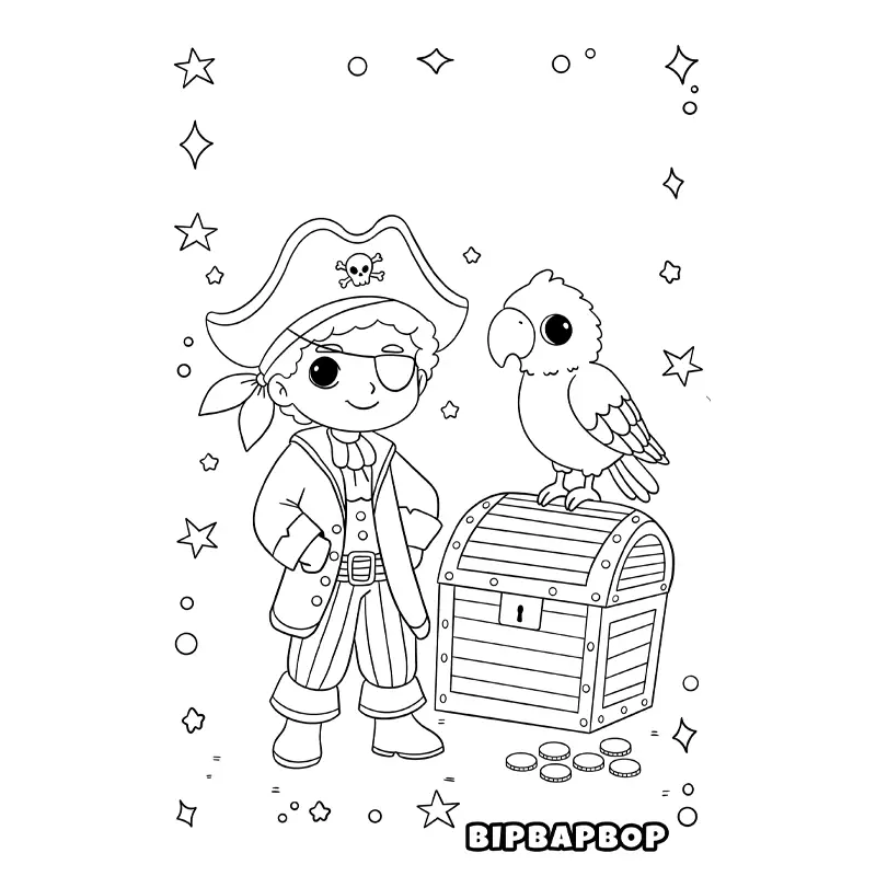 a pirate boy next to a treasure chest with a parrot on it