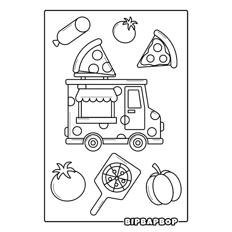 a pizza truck surrounded by ingredients like tomatoes, sausage and pumpkin, as well as slices of hot pizza