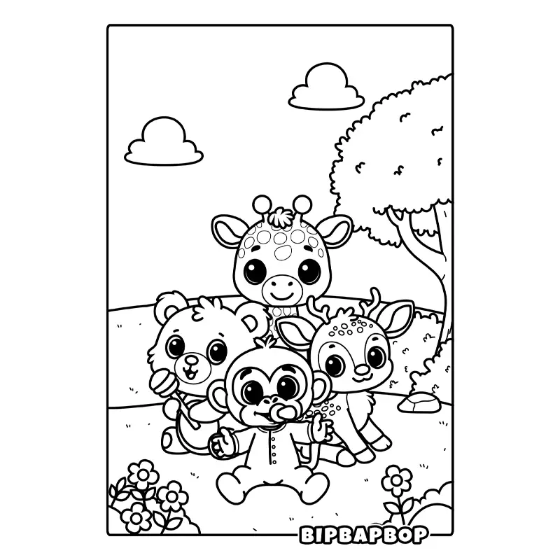 a group of baby animals including a baby monkey, bear, deer and giraffe