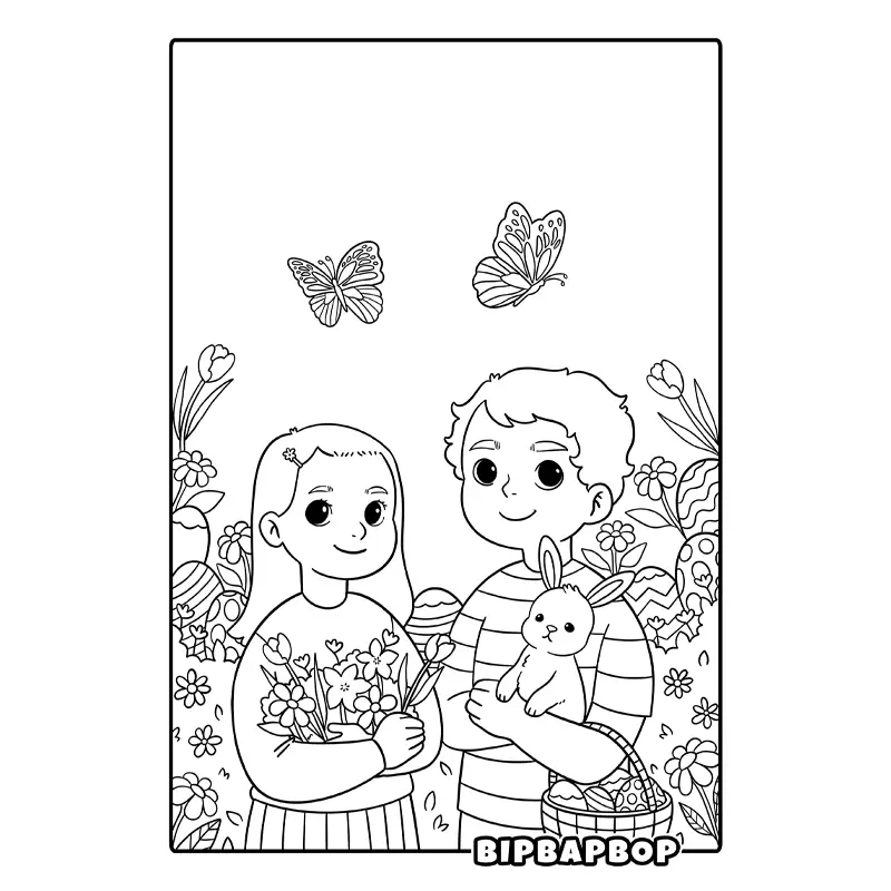 a girl holding a bunch of flowers and a boy holding a bunny with easter eggs, flowers and butterflies in the background