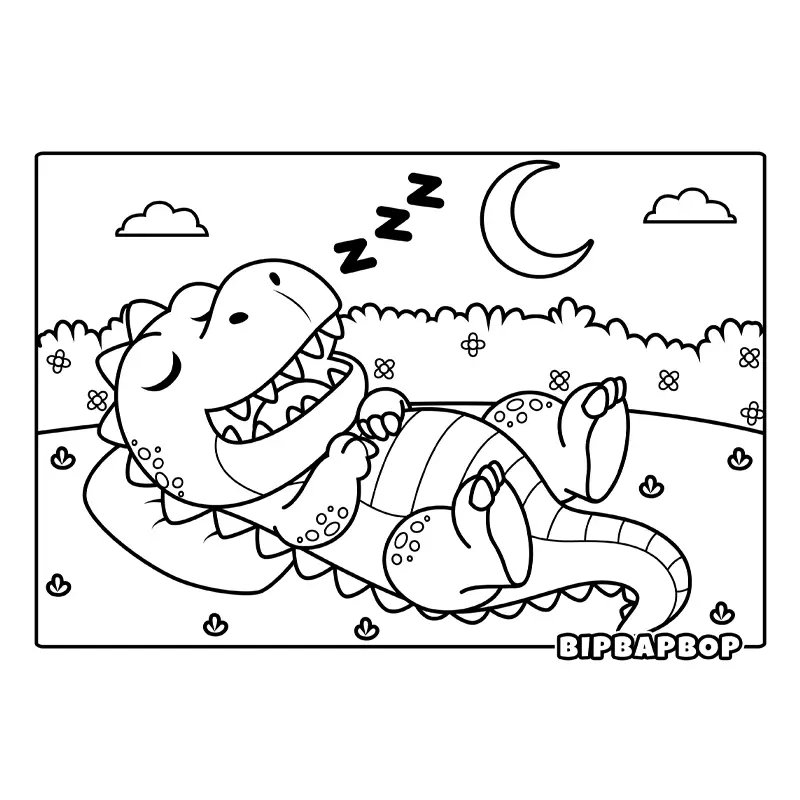 a dino sleeping on the grass