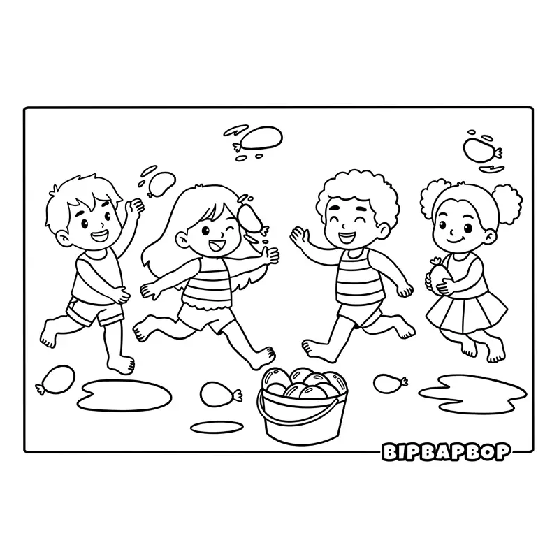 four kids having a water balloon fight