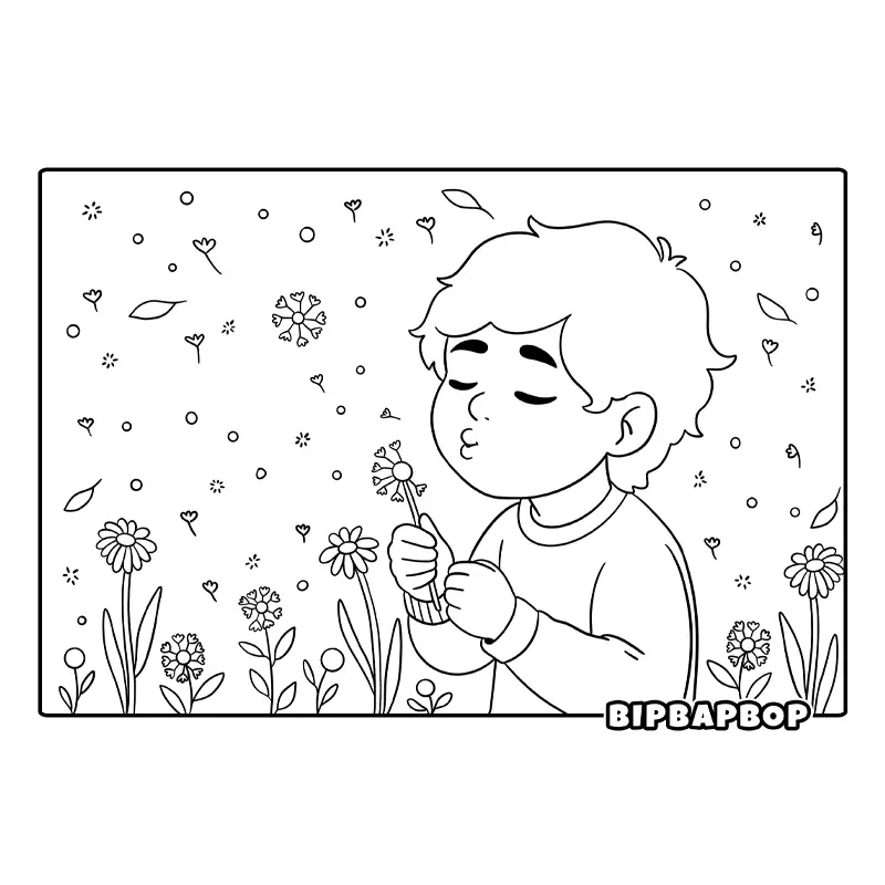 a boy blowing a dandylion in a field of flowers