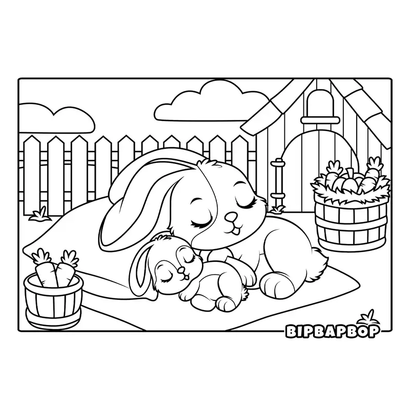 two bunnies sleeping in front of a rabbit hutch with a barrel of carrots