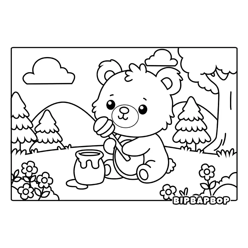 a cute baby bear eating honey