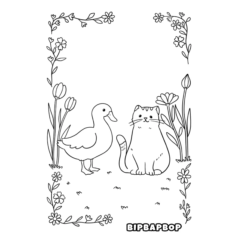 a duck and a cat with a flower border