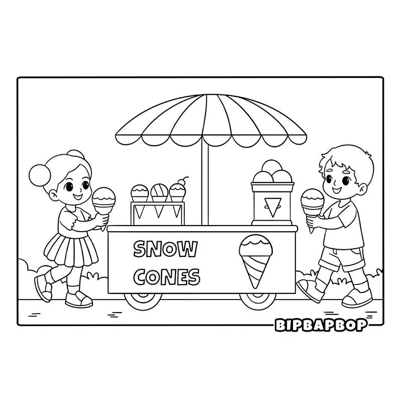 a girl and boy with snow cones from a stand