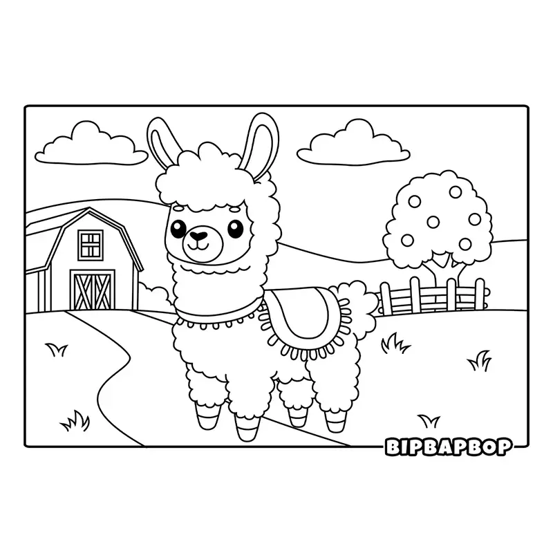 a llama with a saddle in a field with a barn