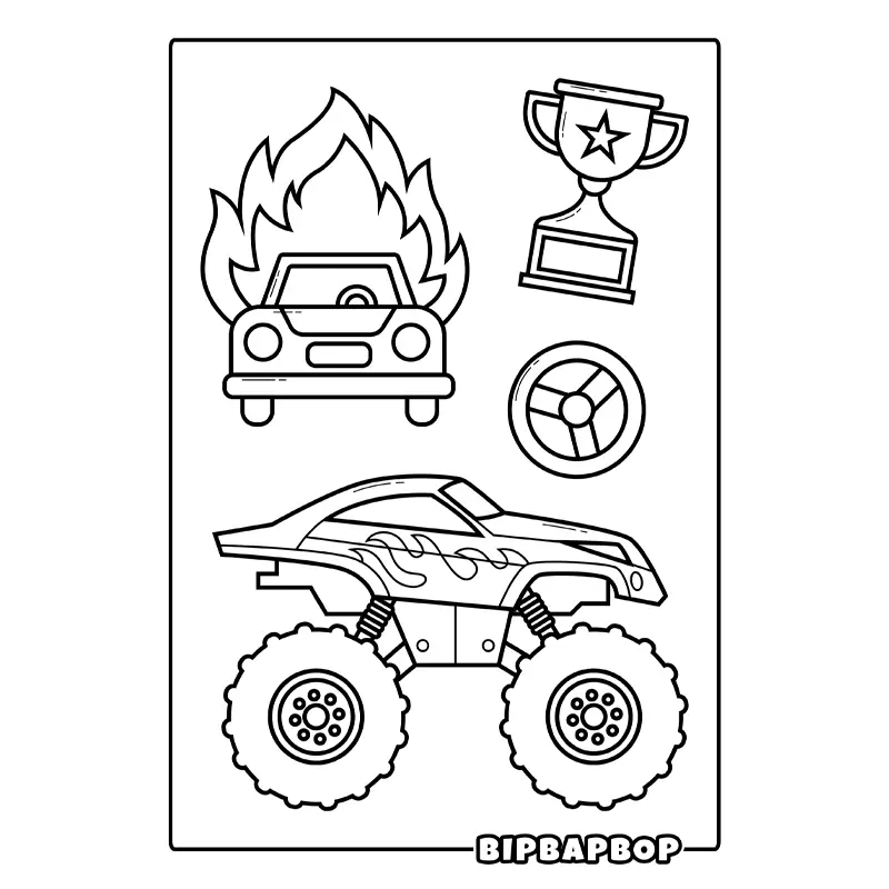 a monster truck, a burning car, a wheel, and a winners cup