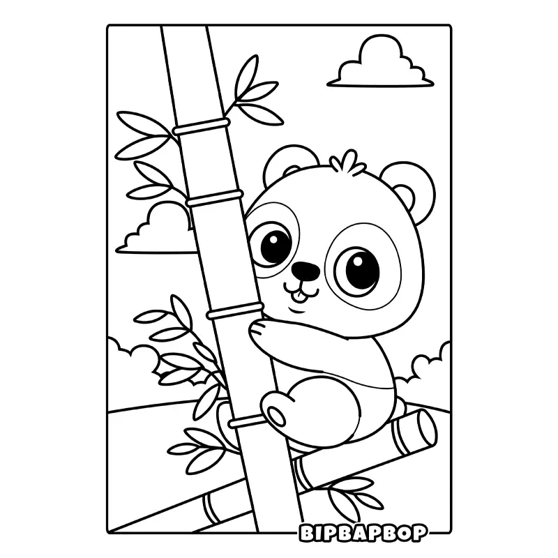 a baby panda climbing bamboo canes