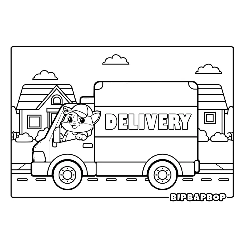 a cat driving a delivery truck down the road