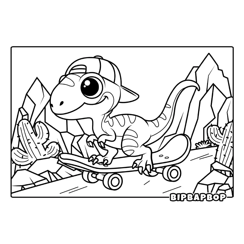 a cool dino in a baseball cap skateboarding down a mountain