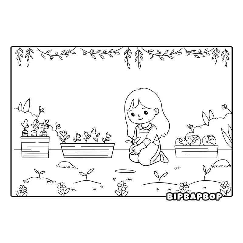 a girl planting flowers and vegetables in the garden