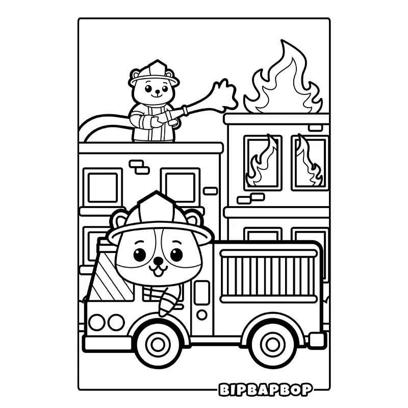 a dog fireman in a firetruck with another fireman spraying a fire with water