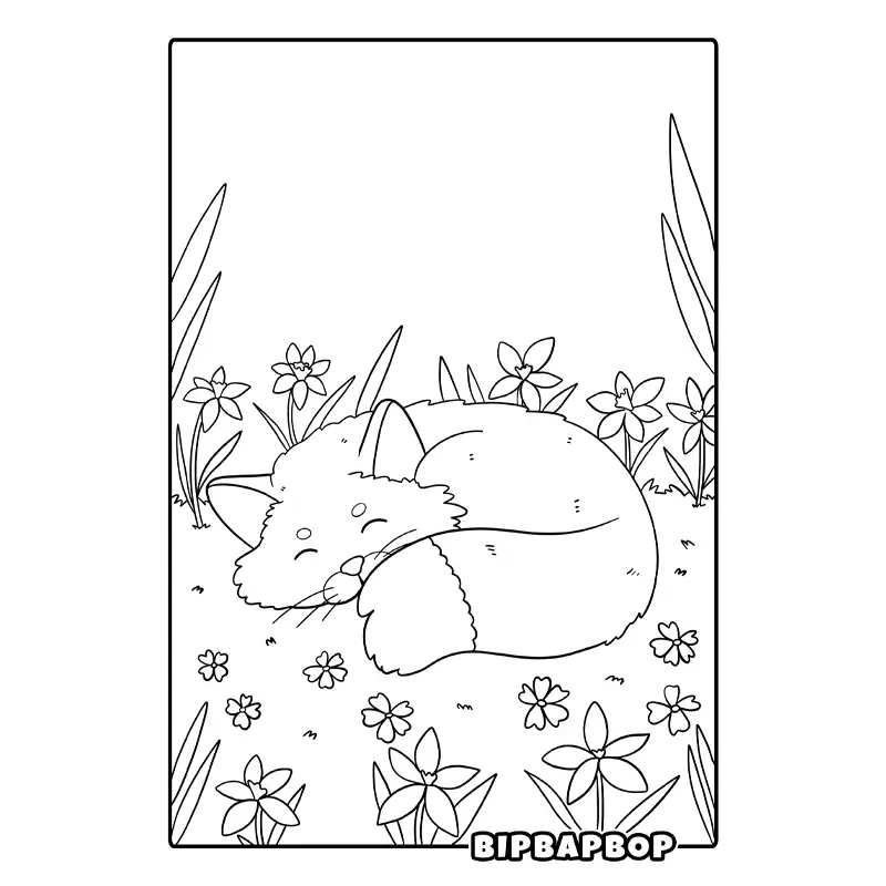 a fox lying curled in a ball in field of flowers