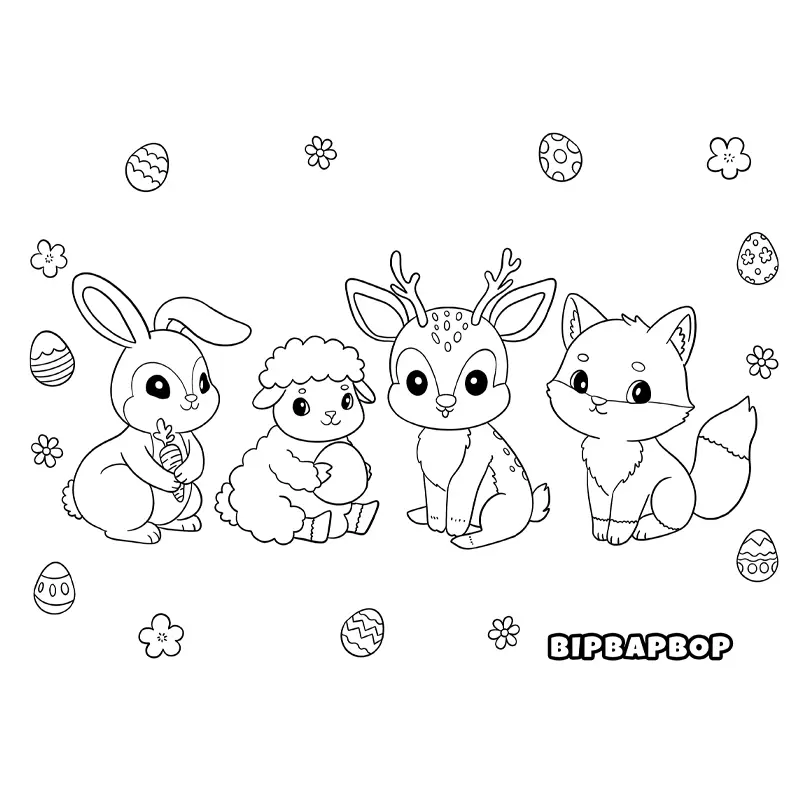 cute baby animals, a bunny, a lamb, a deer and a fox.