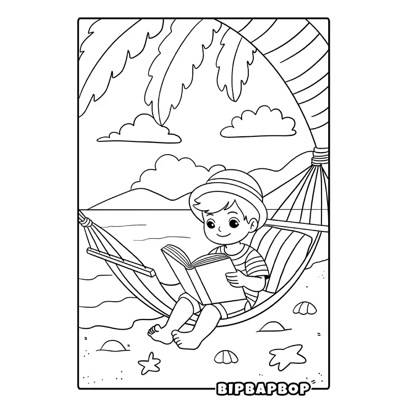 a boy in a hammock on a tropical beach reading a book