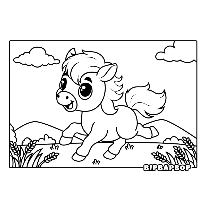 a cute baby pony galloping through a field