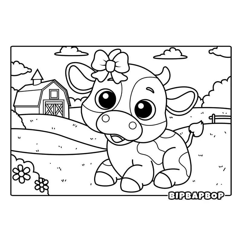 a cute cow with a ribbon in a farm field