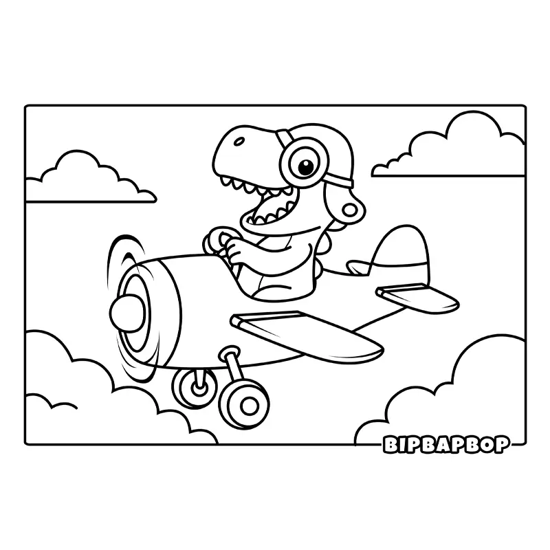 a happy dino flying a plane