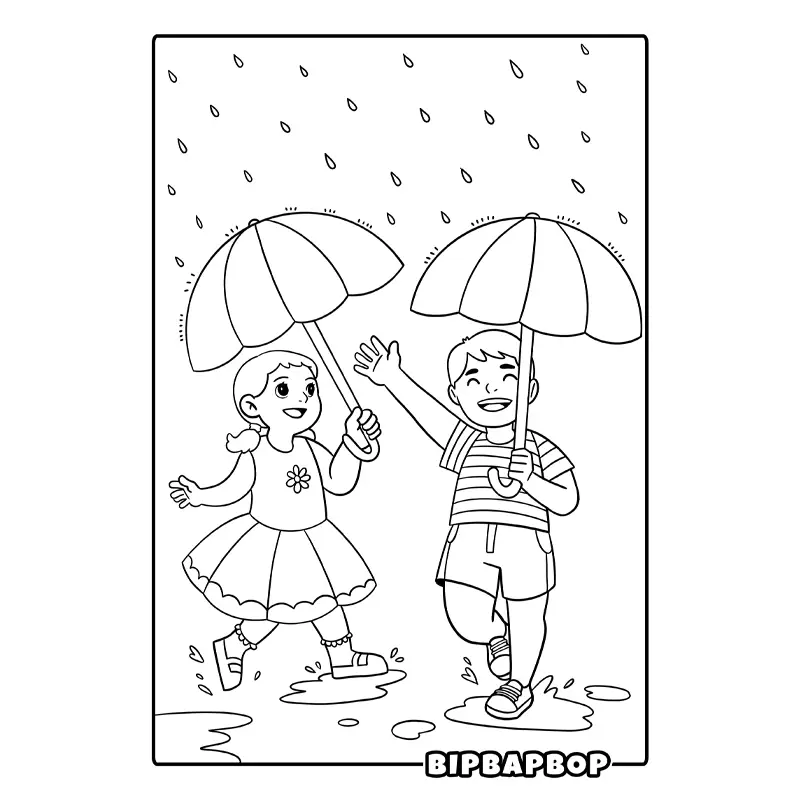 a boy and a girl with umbrellas splashing in puddles in the rain