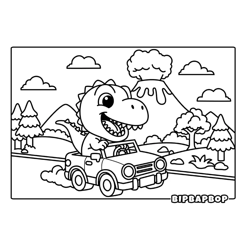 a dinosaur driving a car