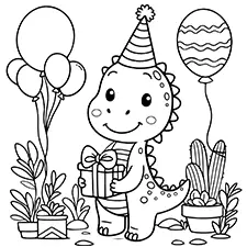 Adorable Birthday Dinosaur Coloring Page Black & White