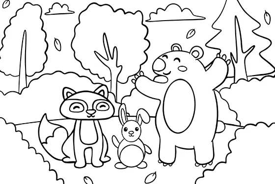 Animals In The Autumn Forest Coloring Page Black & White