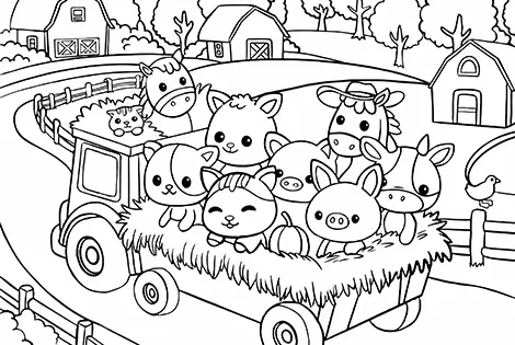 Farm Animals On A Truck Coloring Page Black & White