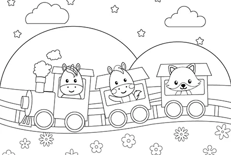 Animals In A Steam Locomotive Wagon Coloring Page Black & White