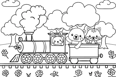Animals On A Train Ride Coloring Page Black & White