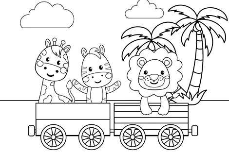 Animals On A Wagon Coloring Page Black & White
