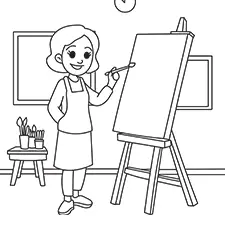 Female Art Teacher Painting On A Canvas Coloring Page