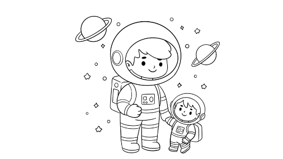 Astronaut Dad And Child Coloring Page