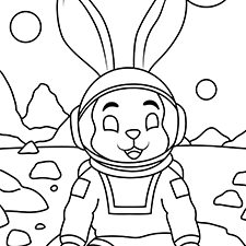 Astronout Bunny Garden Coloring Page Black & White