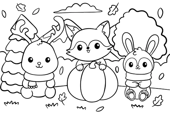 Autumn Animals Coloring Page Black & White