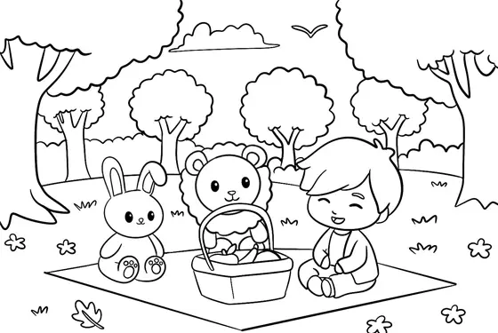 Autumn Picnic Coloring Page Black & White