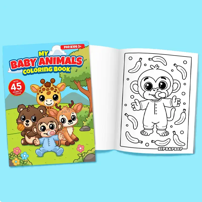 baby animals coloring book for kids  front cover with a baby monkey, bear, deer and giraffe sitting in a forest clearing