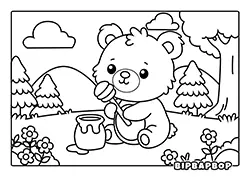 cute baby brown bear eating honey in forest coloring book