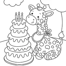 Baby Giraffe With A Tall Cake Coloring Page