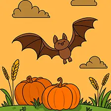 Bat Over A Pumpkin Field Coloring Page