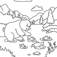 Bear Catching Fish By The Stream Coloring Page