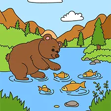 Bear Catching Fish By The Stream Coloring Page