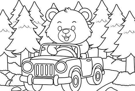 Bear Driving A Car  Coloring Page